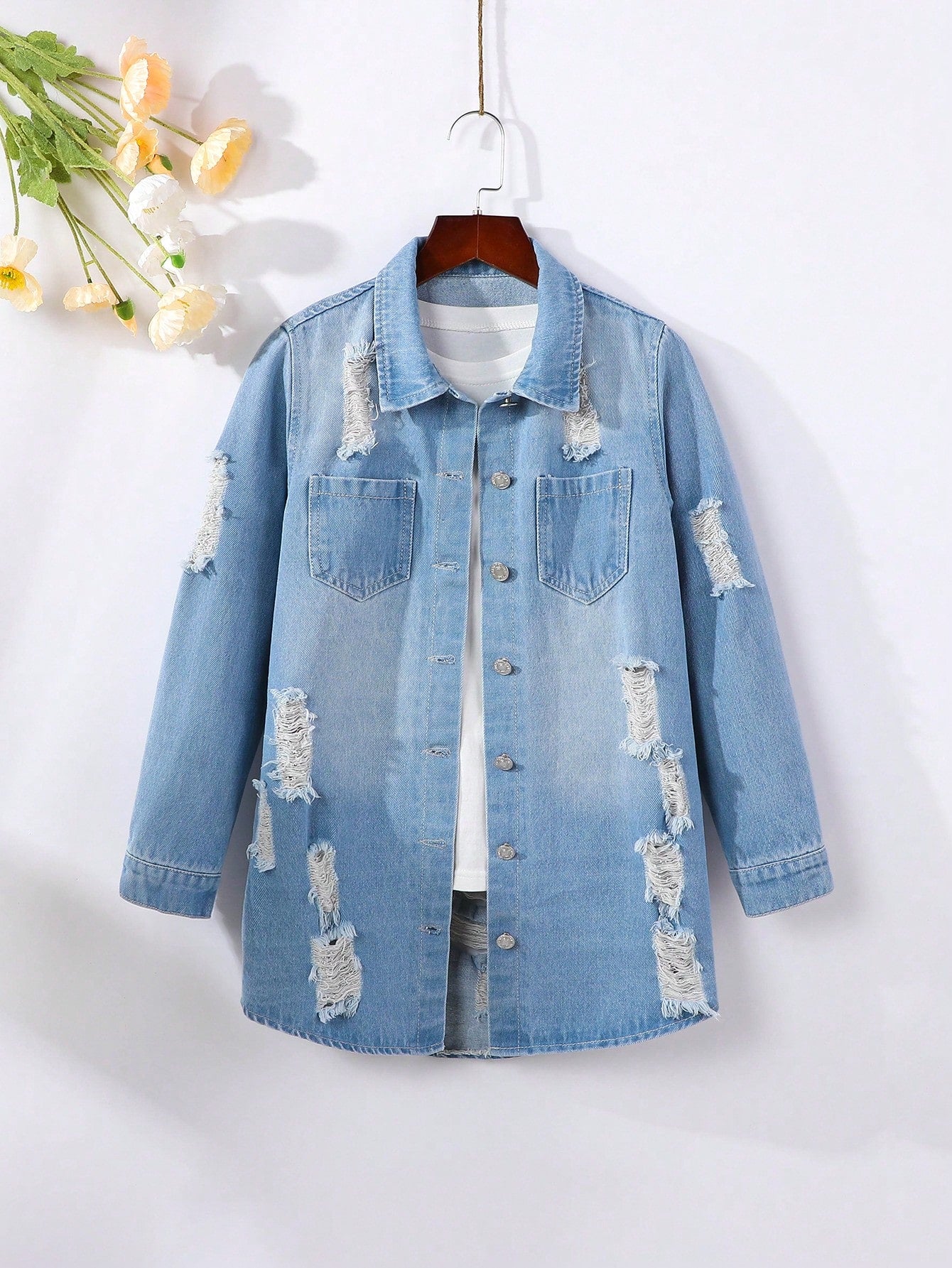 Streecool Kids Tween Girl Vintage Street Style Cool Ripped Loose Fit Long Denim Jacket