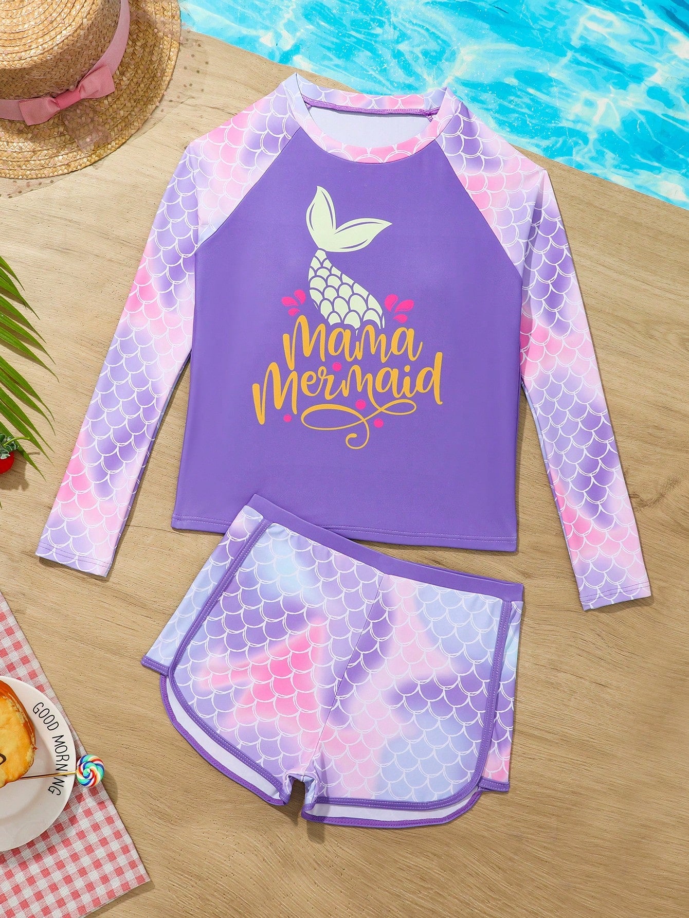 Tween Girl Tankini Outfit Set, Printed Top And Shorts, Random Printing