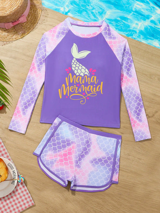 Tween Girl Tankini Outfit Set, Printed Top And Shorts, Random Printing