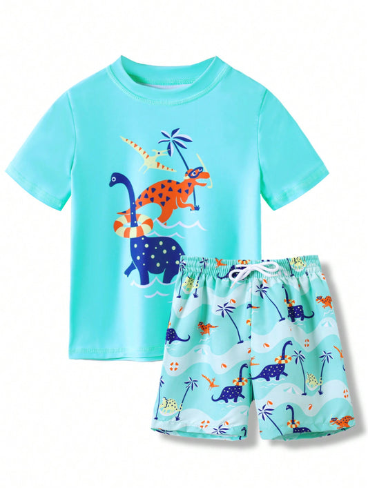 Cute Cartoon Dinosaur Printed Beachwear Set For Toddler Boys' Swimming - 2pcs