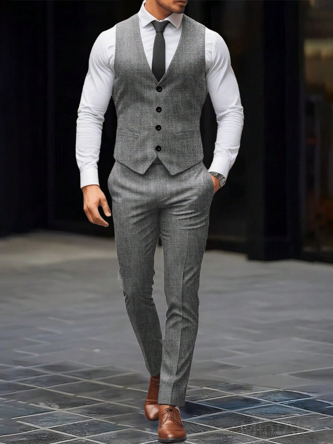 Men Button Up Blazer Vest & Suit Pants Without Shirt