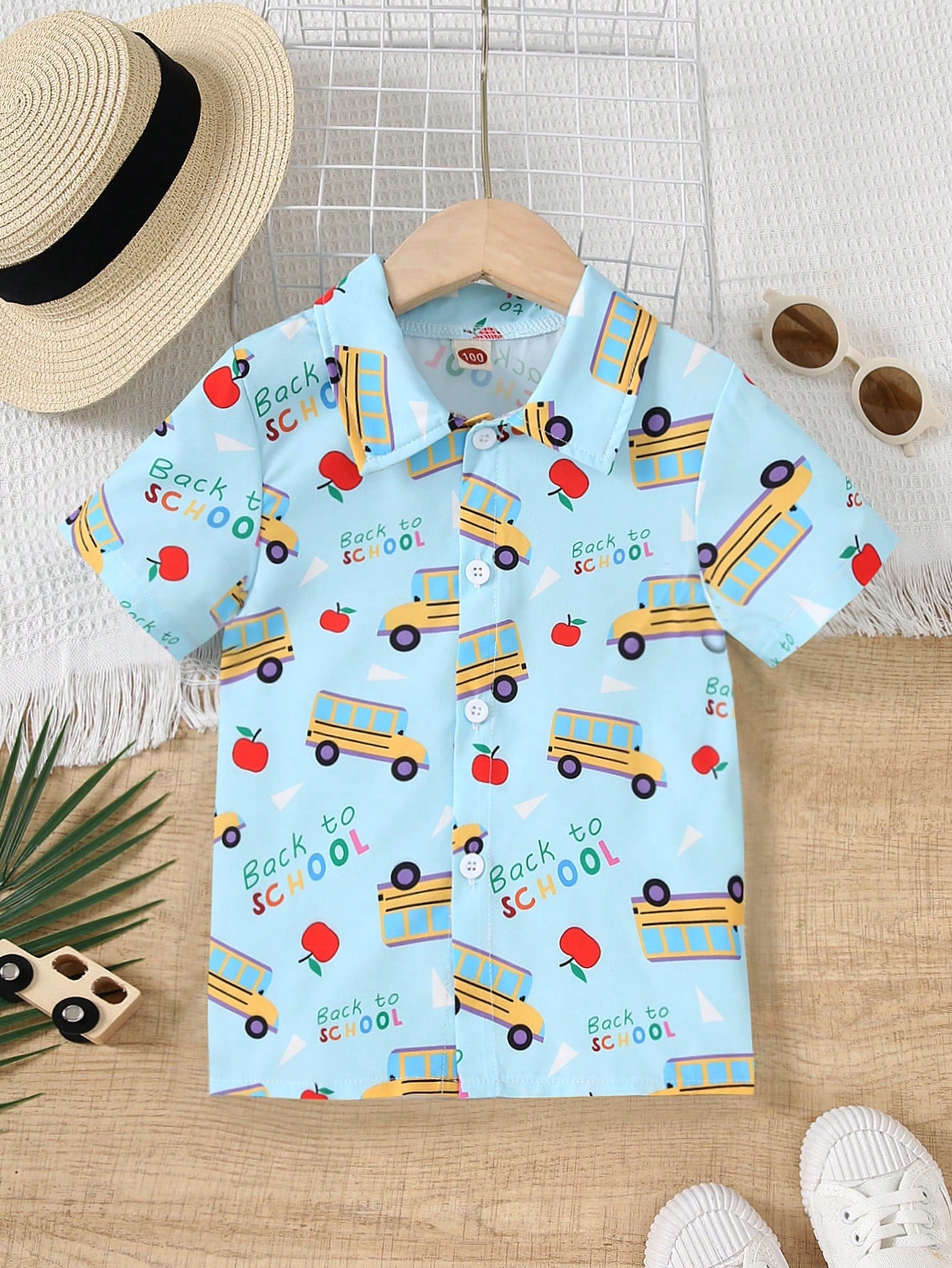 Boys' Summer Blue Cartoon Car Pattern Short Sleeve Shirt Clothing