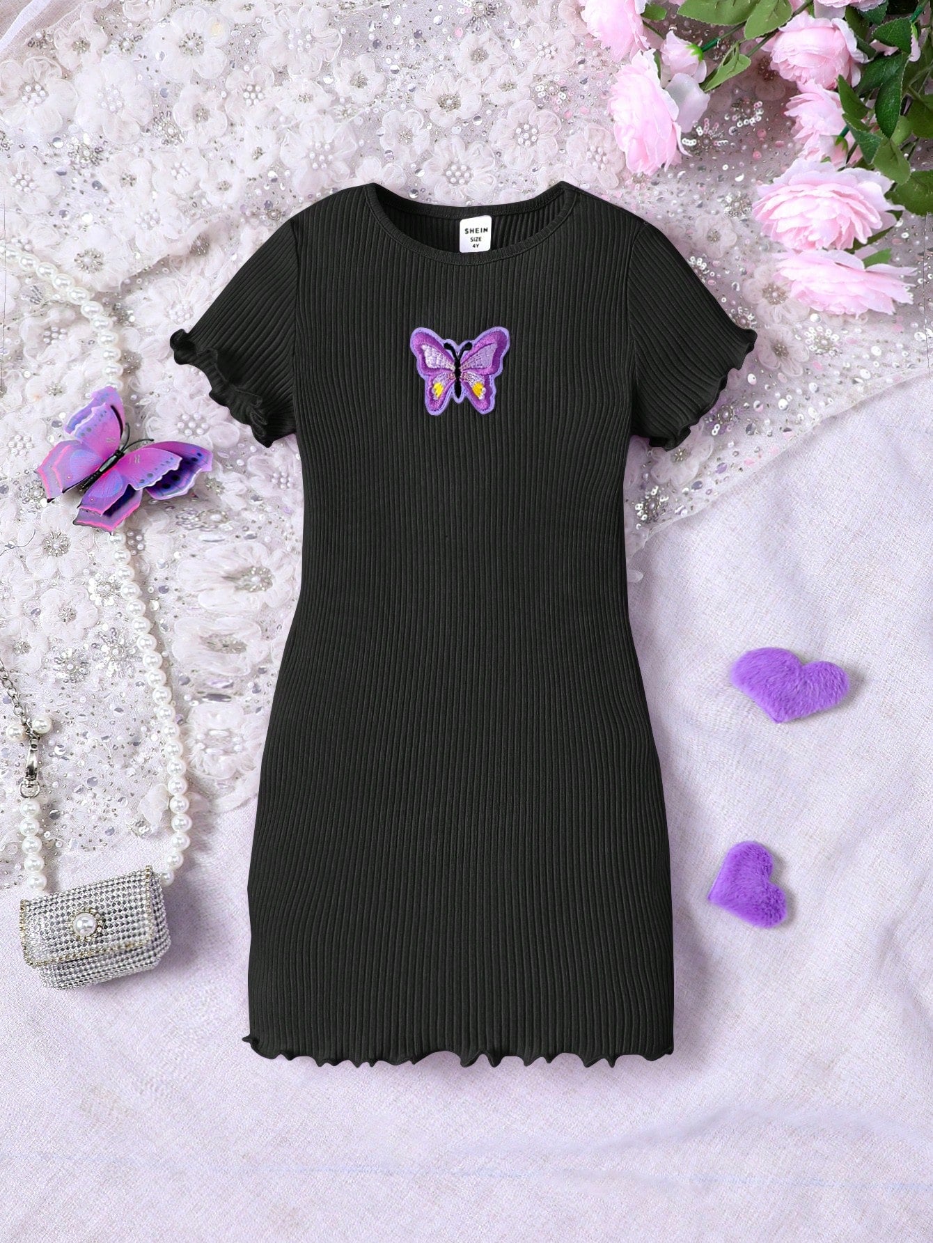 Young Girls' Knitted Solid Color Round Neck Butterfly Patterned Casual Dress