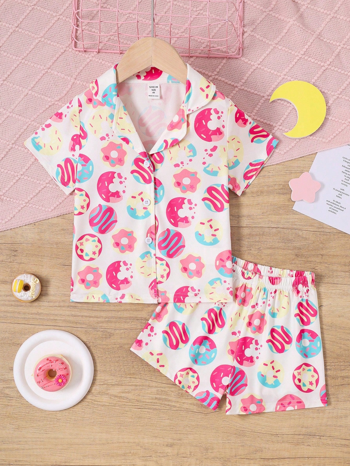 Girls' Donut Print Short Sleeve Loose Fit Casual Two-Piece Homewear Set