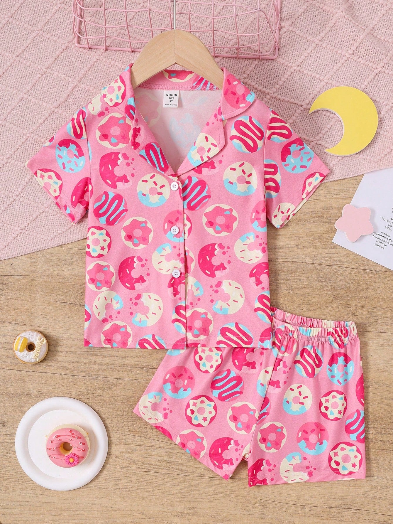 Young Girl Donut Print Short Sleeve Loose Fit 2pcs Home Clothes Set