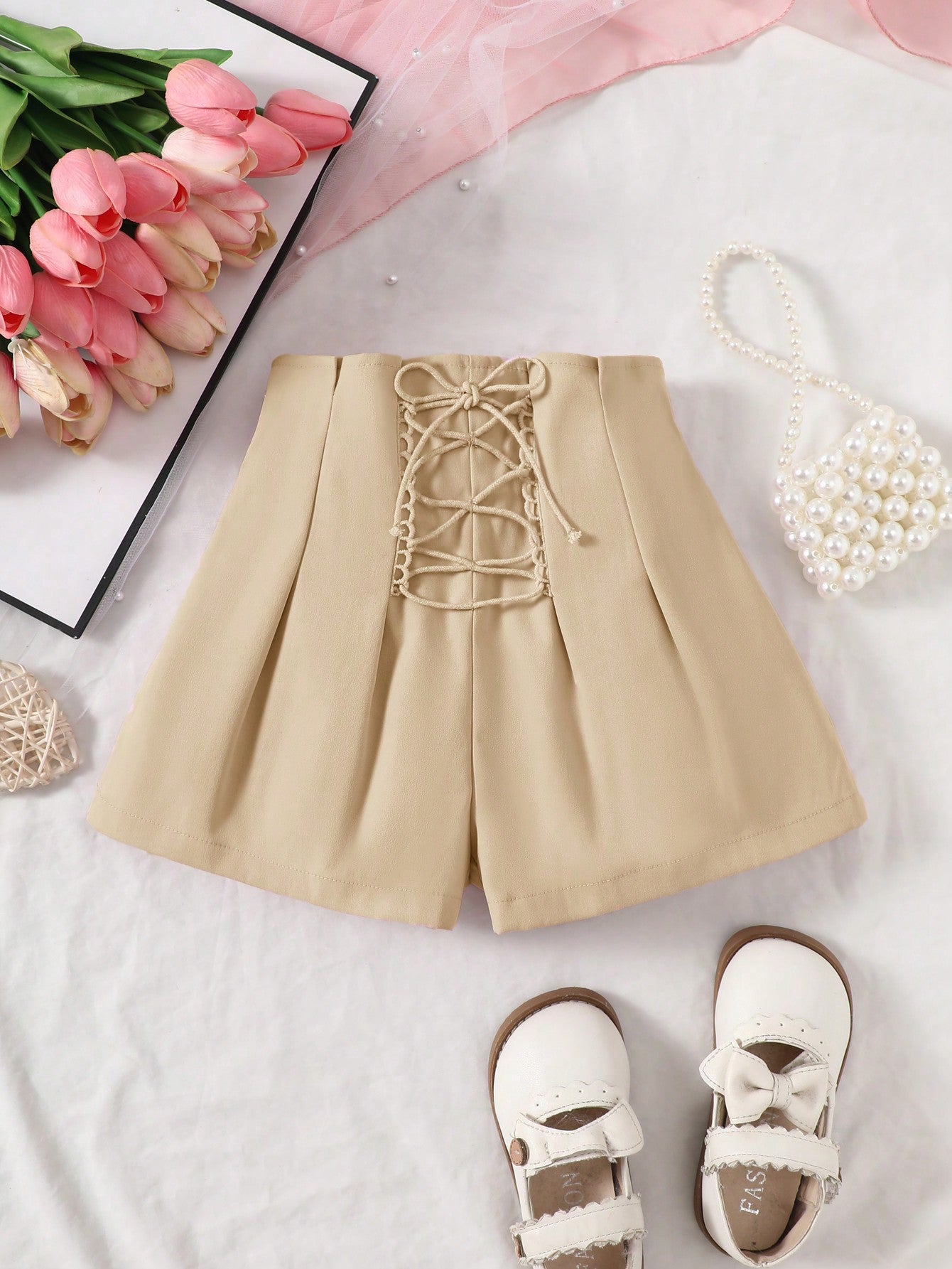 Young Girl Woven Solid Color Loose Fit Casual Shorts With Ruffle Hem