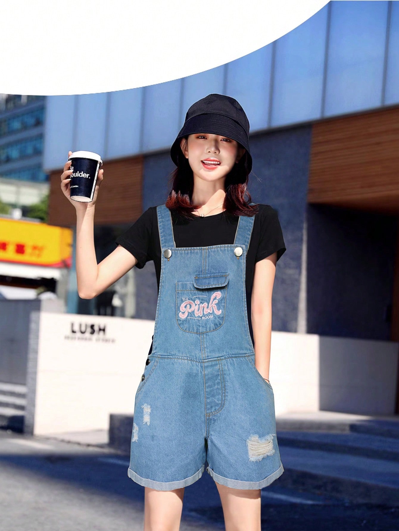 Girls' Casual Denim Overalls With English Embroidery Pattern, Summer