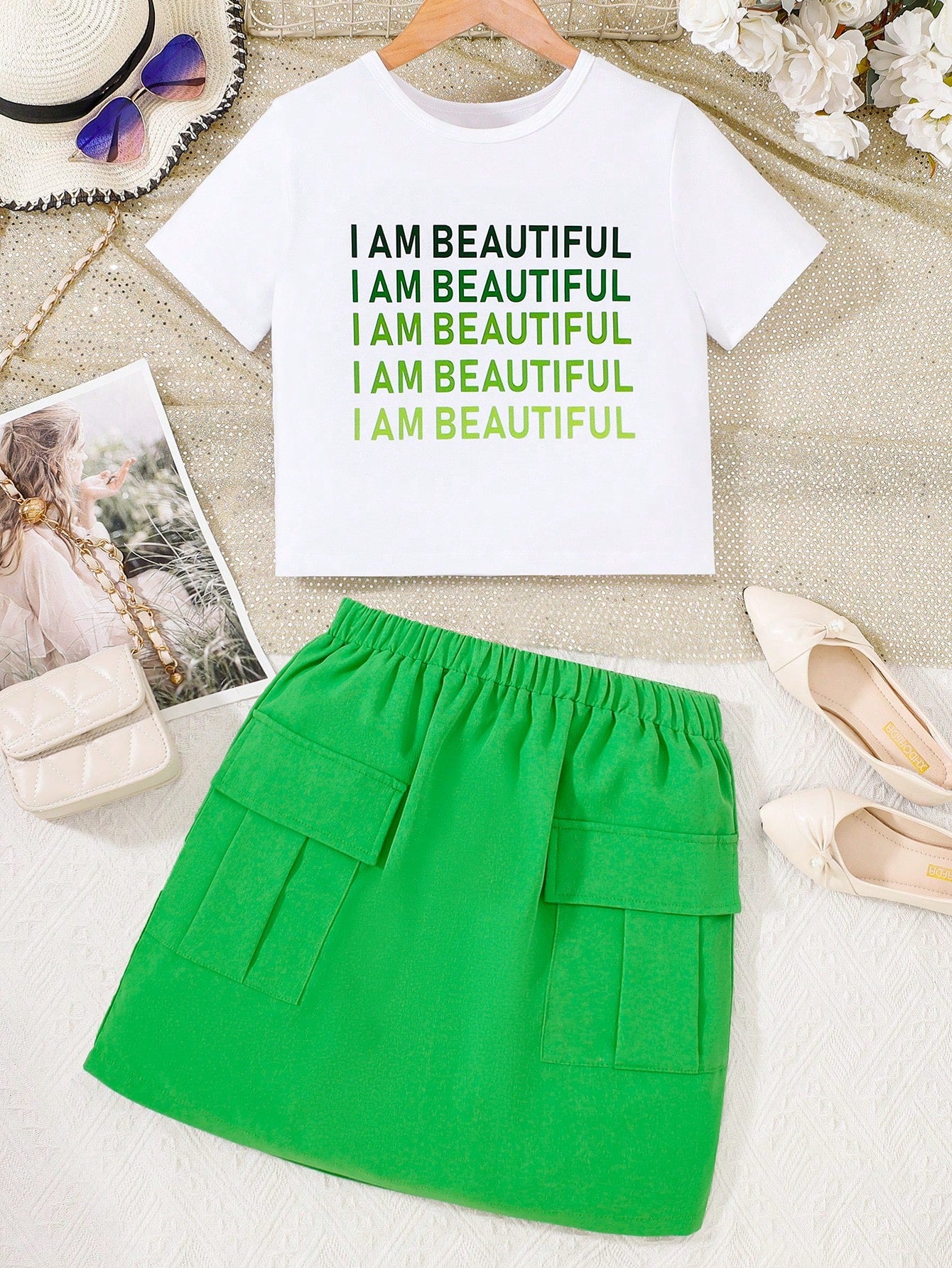 Tween Girl Letter Pattern T-Shirt And Solid Color Cargo Shorts Set