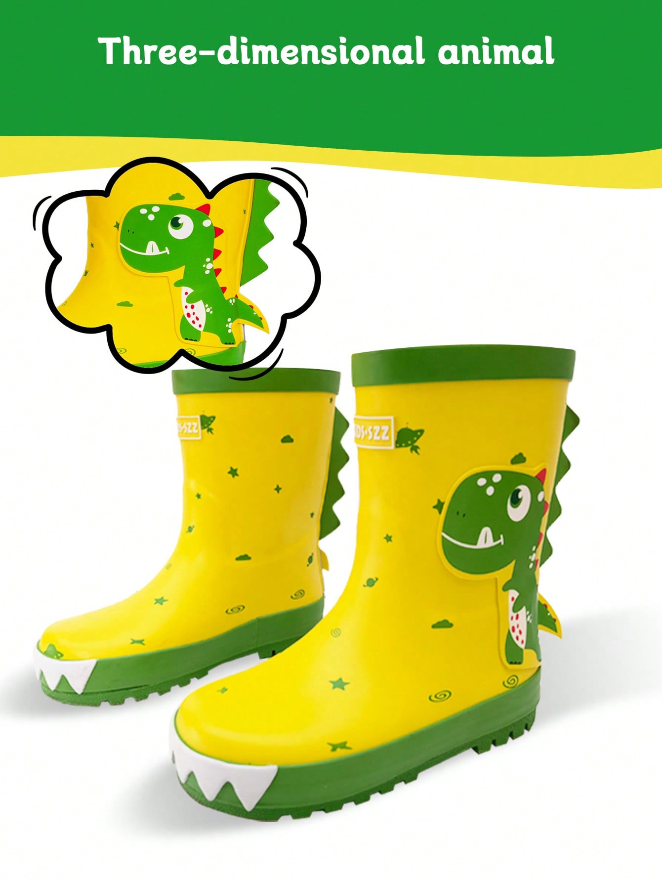 Boys' Wear-Resistant, Lightweight, Reflective, Slip-Resistant, Waterproof Outdoor Garden Cartoon Dinosaur Rubber Rain Boots For Four Seasons