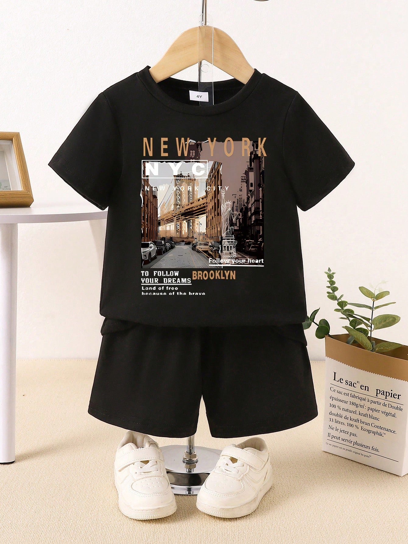 Young Boy Leisure Slogan Graphic Tee & Shorts For Summer