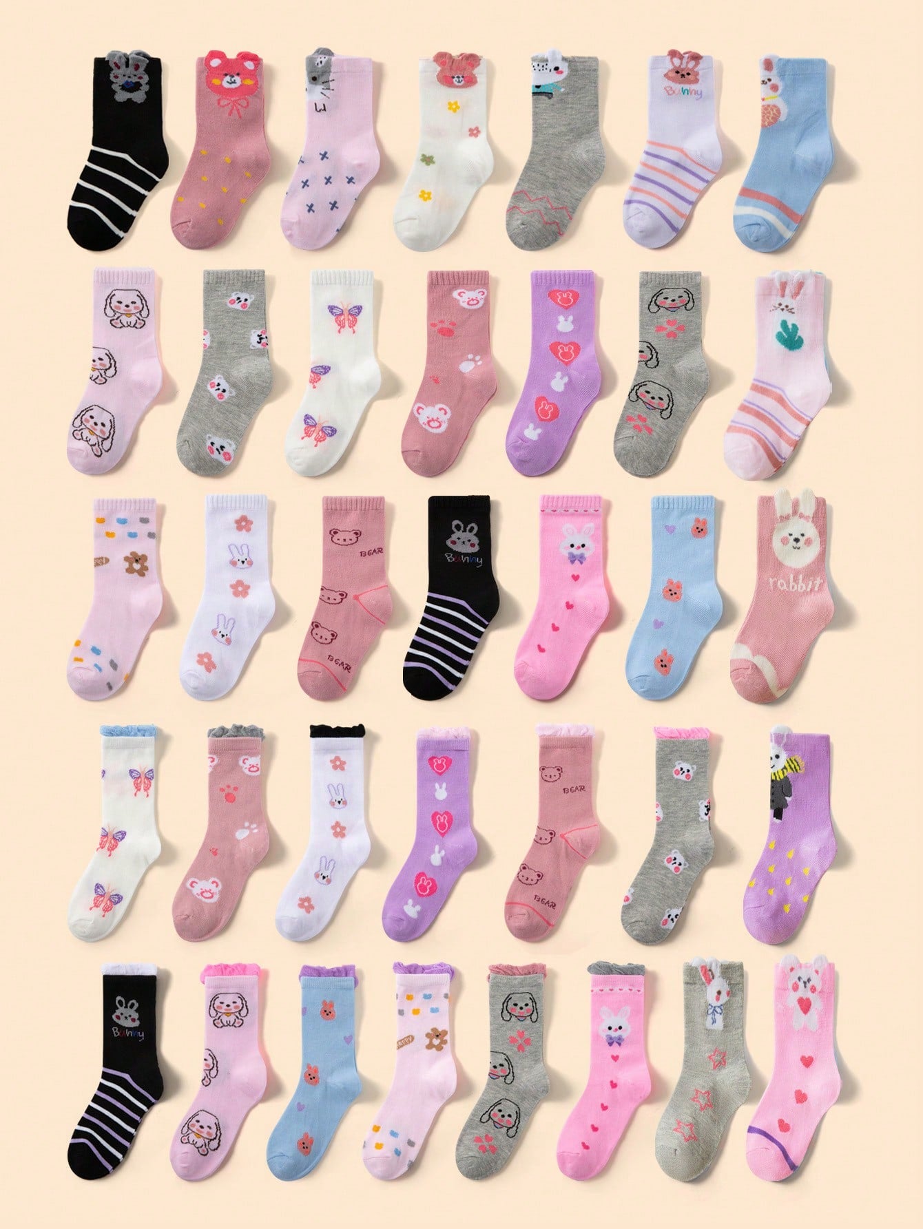 12 Pairs Girls' Cartoon Patterned Comfortable Mid-Calf Socks With Rabbit/Bear And Lace Decorations, Random Style For Daily Wear