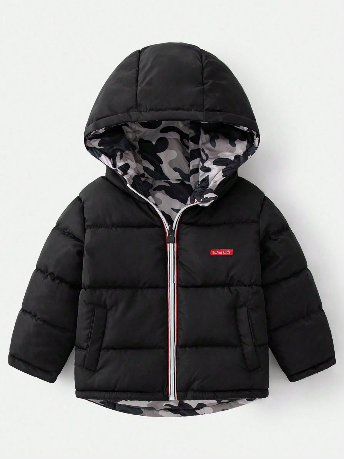 Young Boy Camo Print Zip Up Hooded Puffer Coat