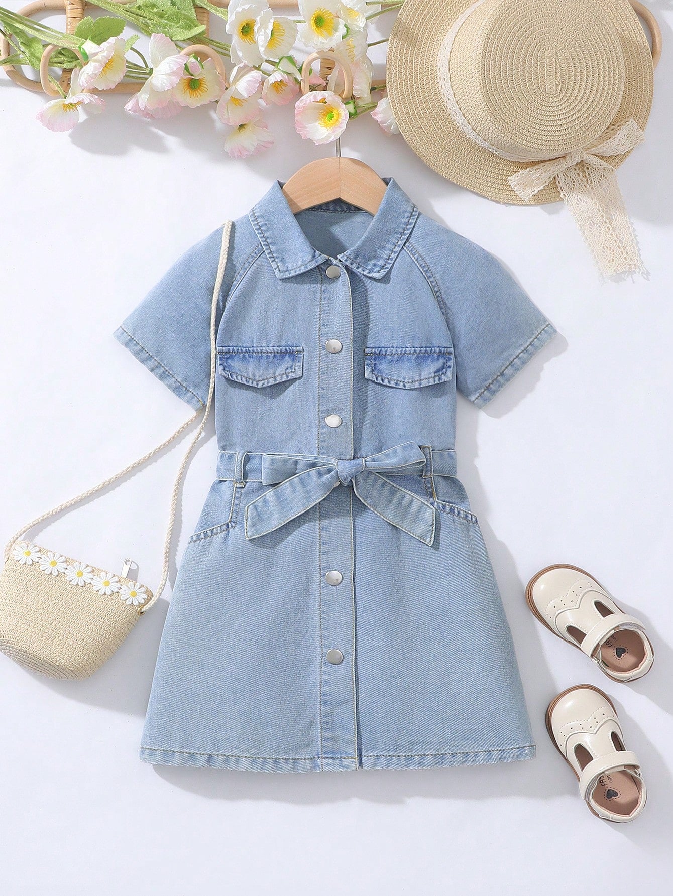 Girls' Daily Wear Turn-Down Collar Short Sleeve Denim Dress