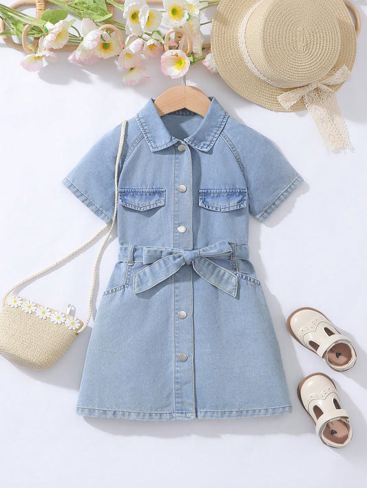 Girls' Daily Wear Turn-Down Collar Short Sleeve Denim Dress