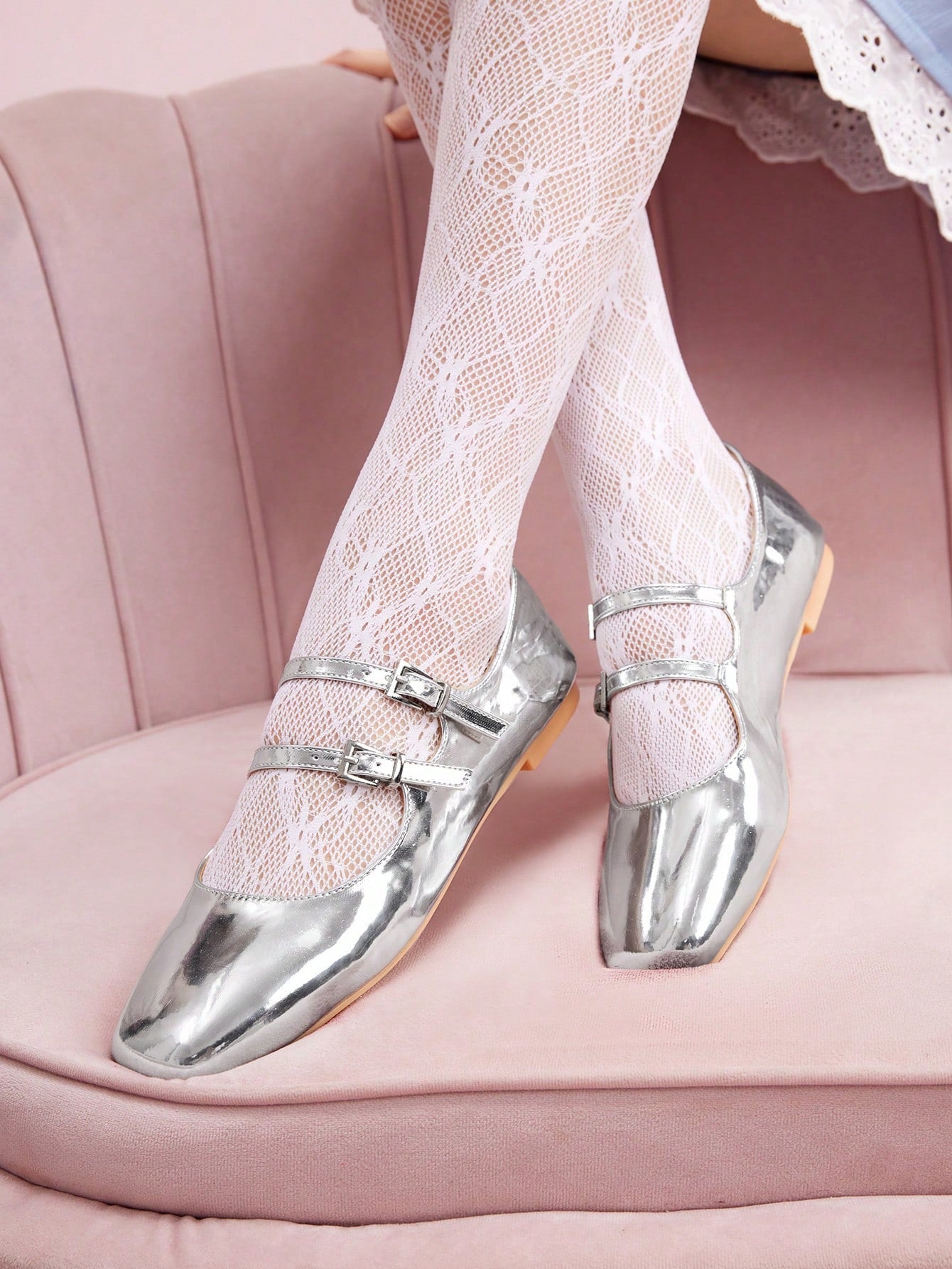 Women's Fashion Silver Mary Jane Flat Shoes