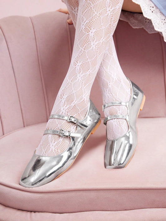 Women's Fashion Silver Mary Jane Flat Shoes