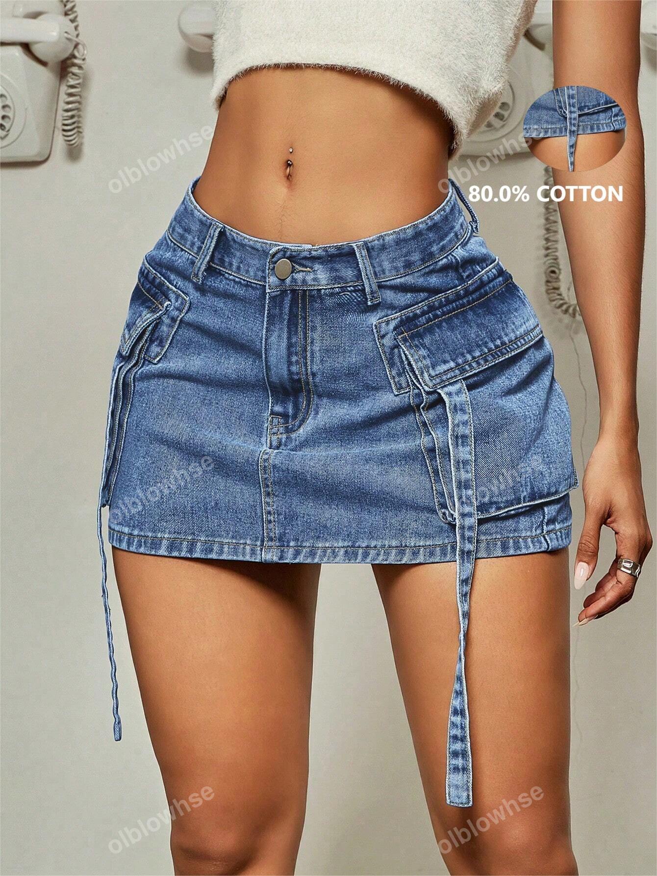 Y2K Street Solid Flap Pocket Tape Detail Cargo Denim Mini Skirt Summer Hottie Outfit