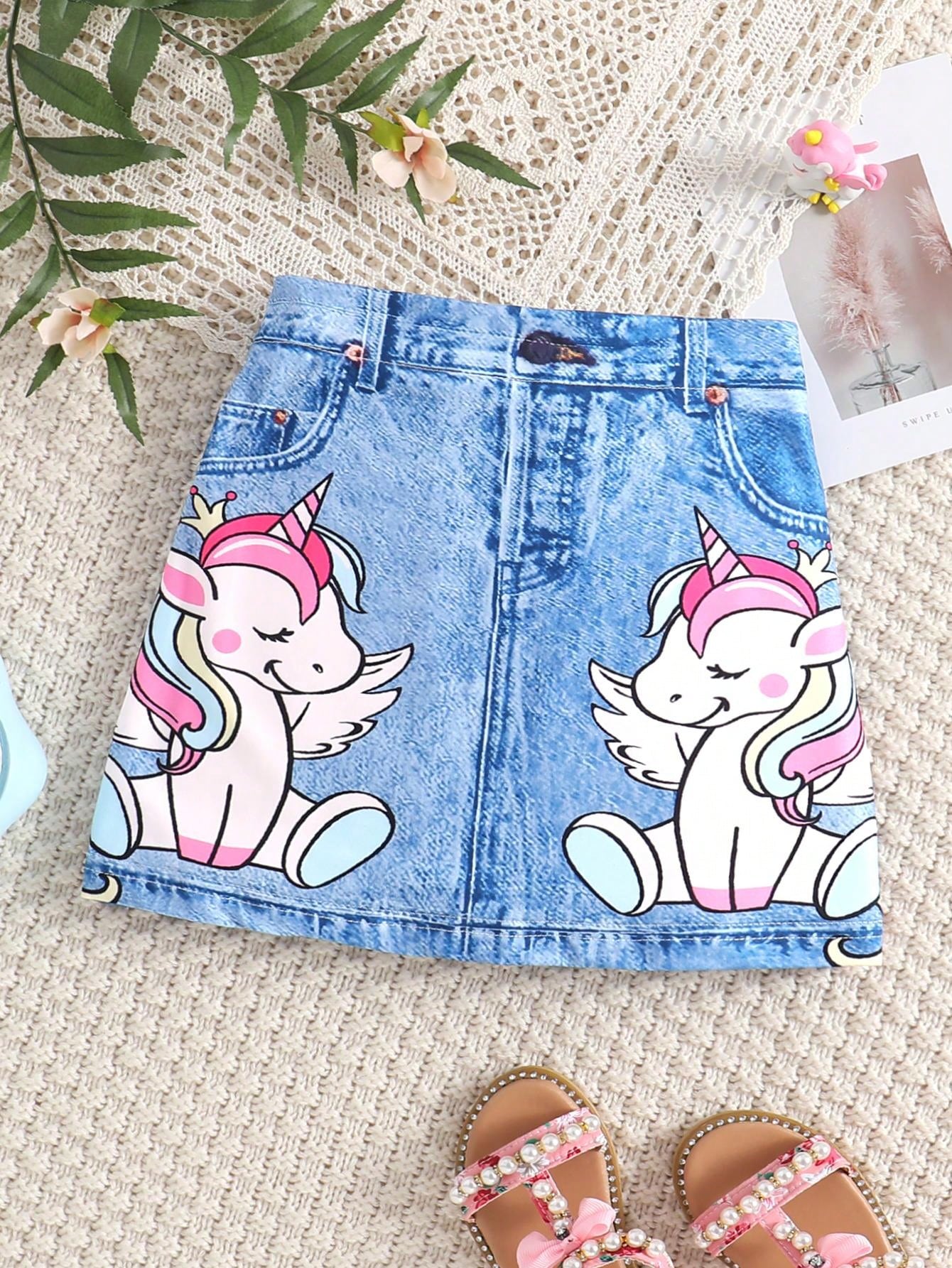 Young Girl Fashionable Unicorn Denim Effect Skirt, Summer, Cute & Versatile Holiday Casual Kids Skirt, Outdoor Elegant Ladylike Style