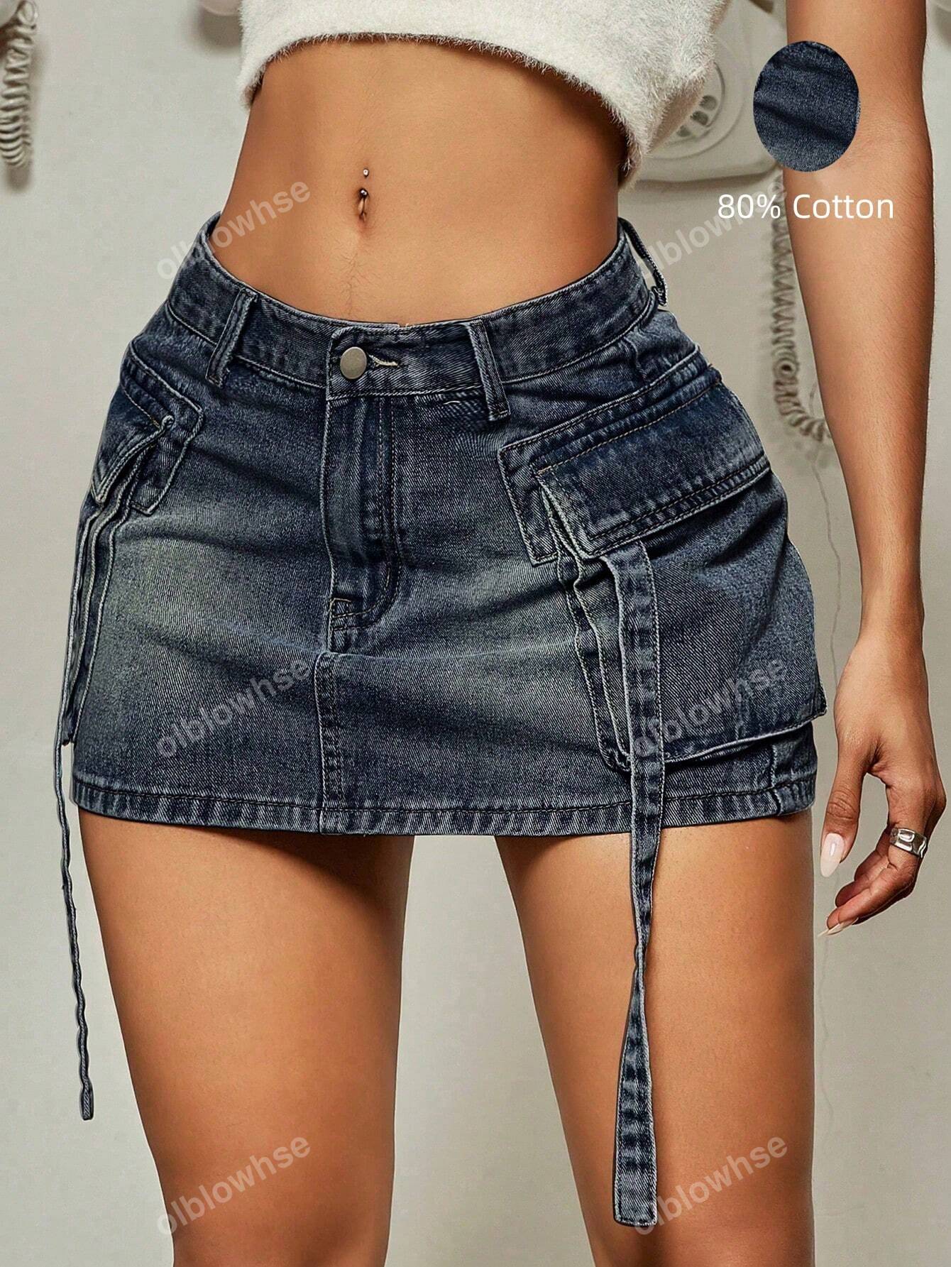 Y2K Street Solid Flap Pocket Tape Detail Cargo Denim Mini Skirt Summer Hottie Outfit