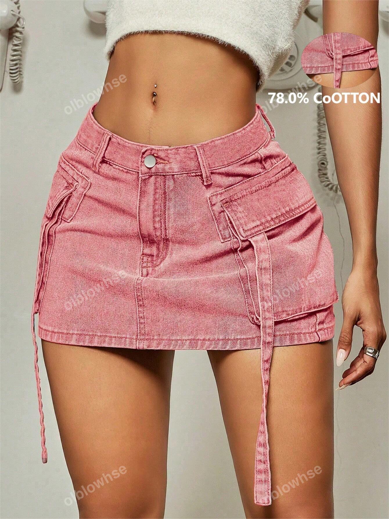 Y2K Street Solid Flap Pocket Tape Detail Cargo Denim Mini Skirt Summer Hottie Outfit