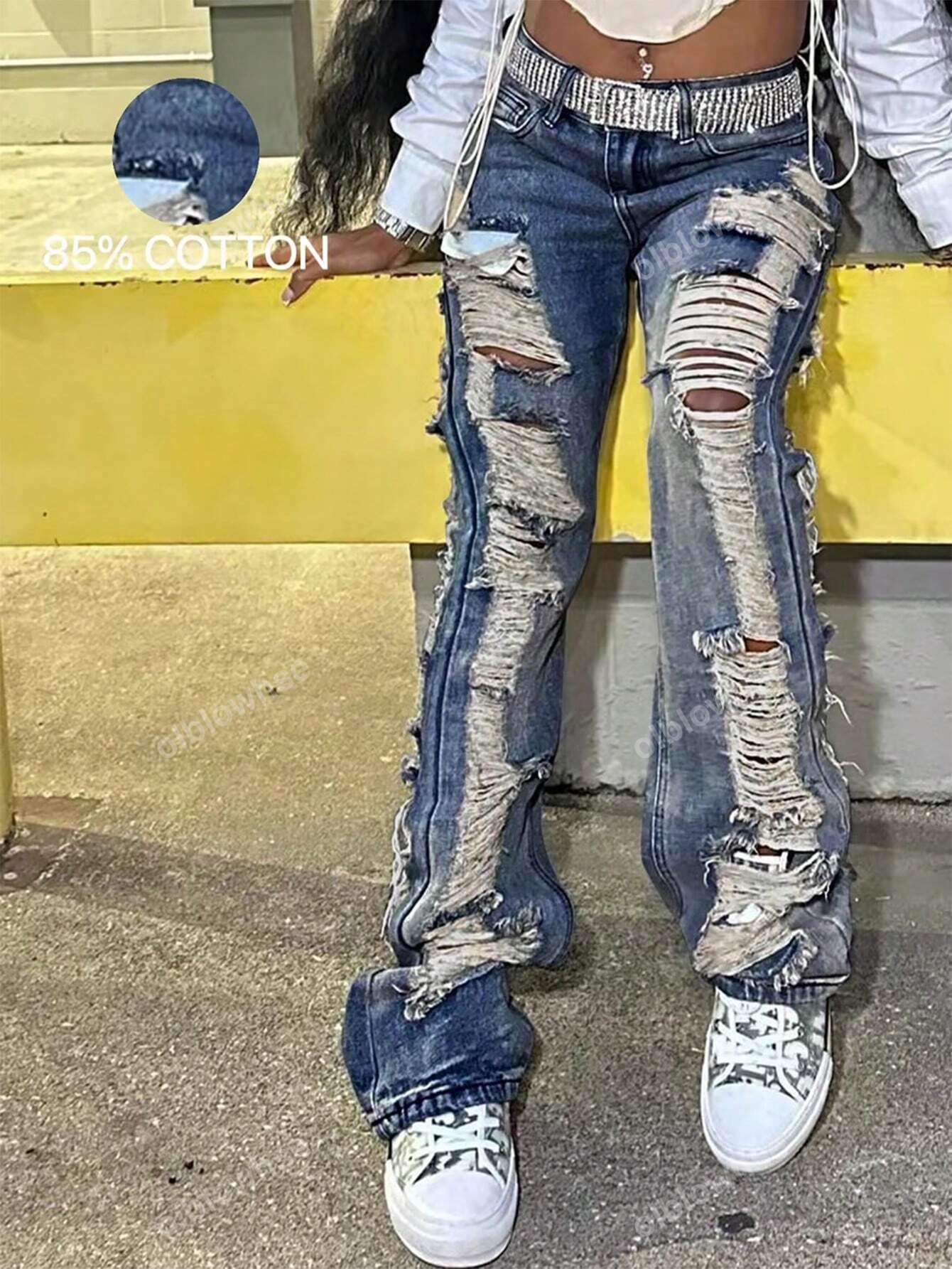 Y2K Street Distressed Frayed Ripped Raw Cut Out Slant Pocket Slim-Fit Flare Leg Jeans Boyfriend Denim Pants