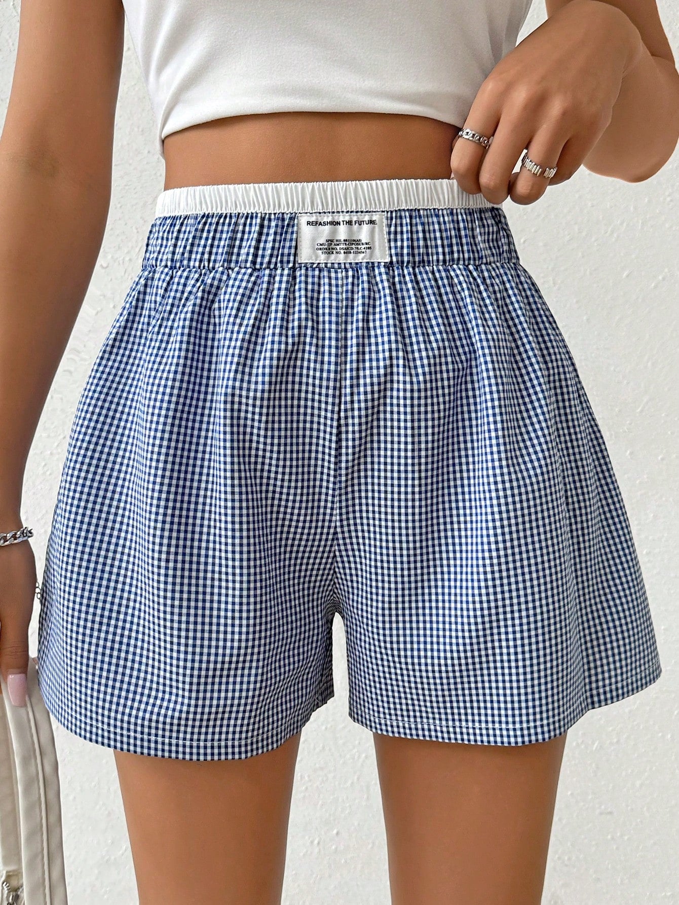 Women's Loose Fit Patch Checkered Letter Printed Casual Shorts