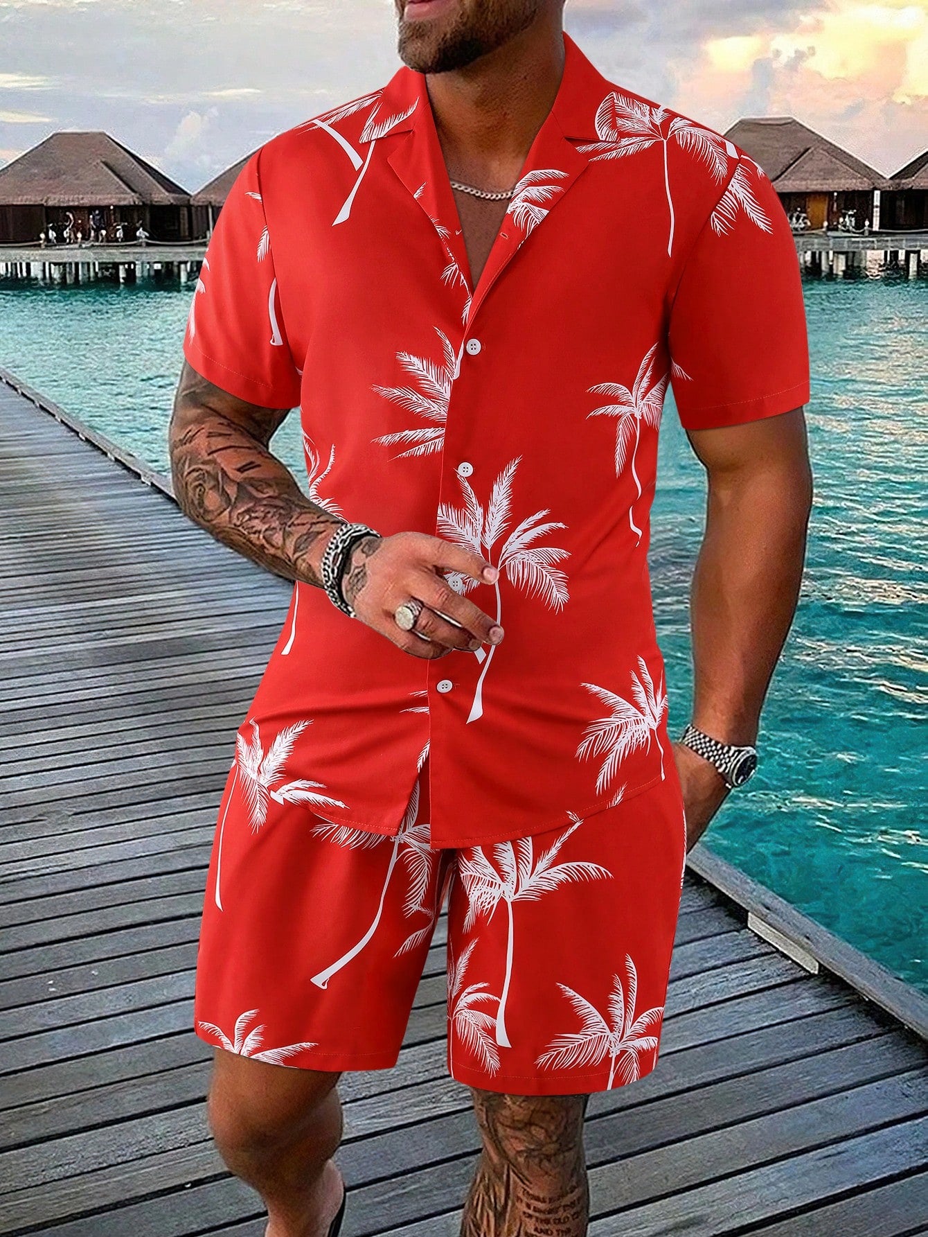 Men Random Palm Tree Print Shirt & Drawstring Waist Shorts Without Tee