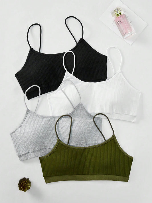 4pcs Simple & Comfortable Knitted Ribbed Bralette Set For Tween Girls, Wireless, Padded, Adjustable Straps