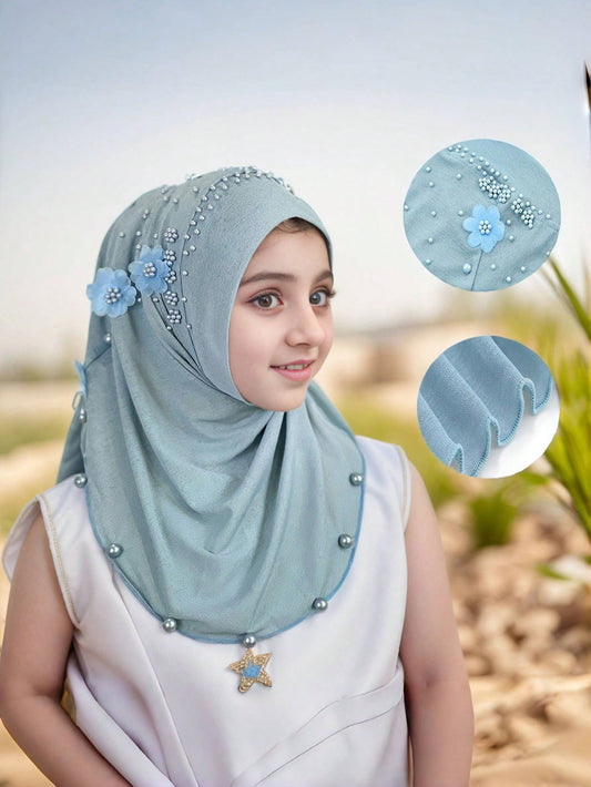 1pc Muslim Headscarf Cap Malay Beaded Shawl Elastic Solid Color  Turban Hijab Girls