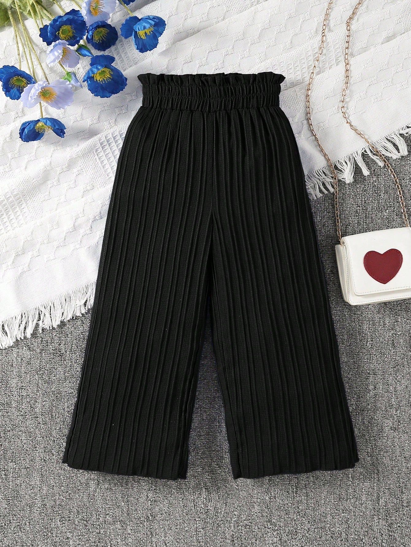 Young Girl Solid Color Elastic High Waisted Wide Leg Pants With Textured Finish