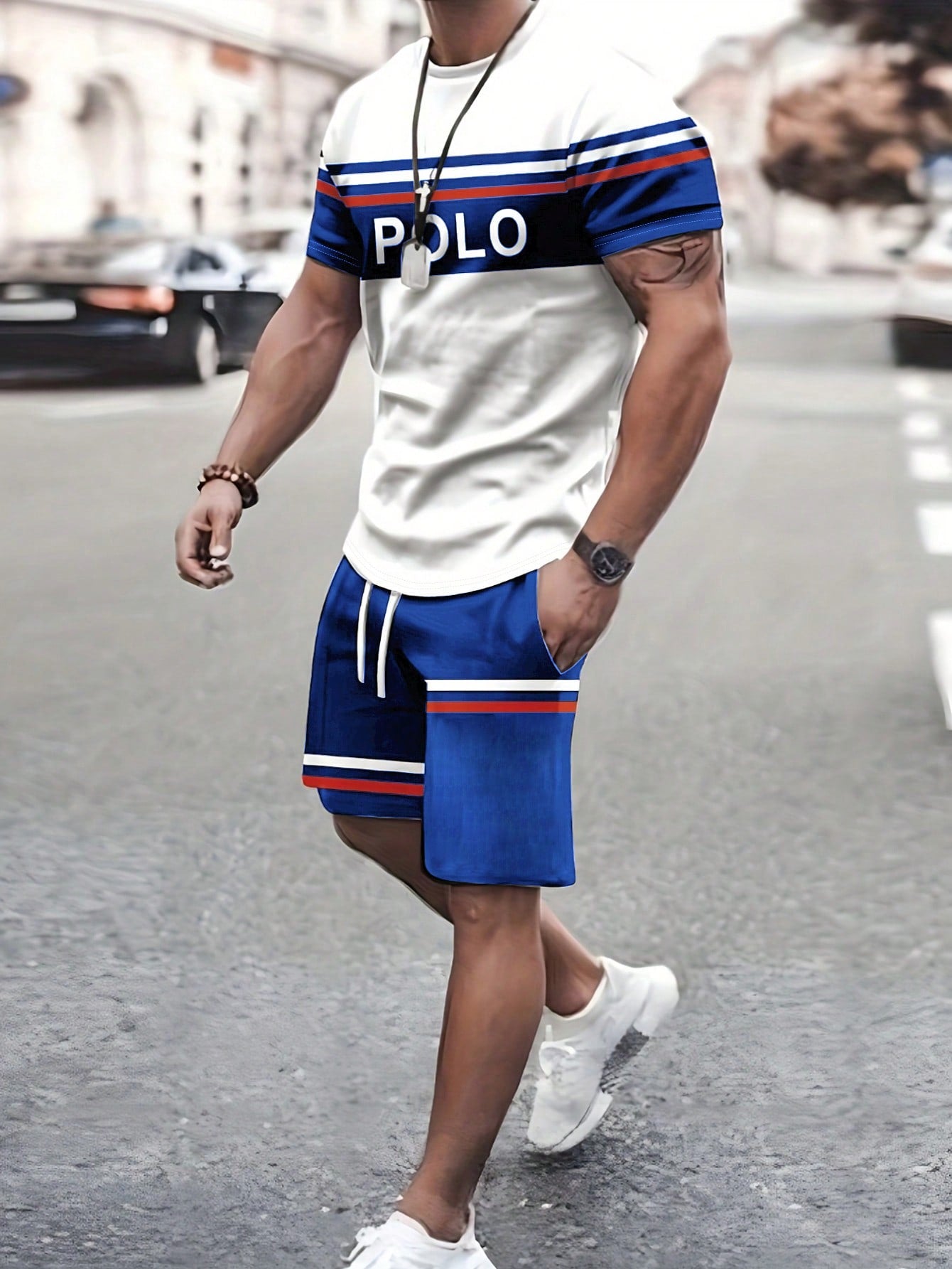 2pcs Men's Letter & Striped Print Short Sleeve Casual T-Shirt And Drawstring Waist Shorts Set, Summer