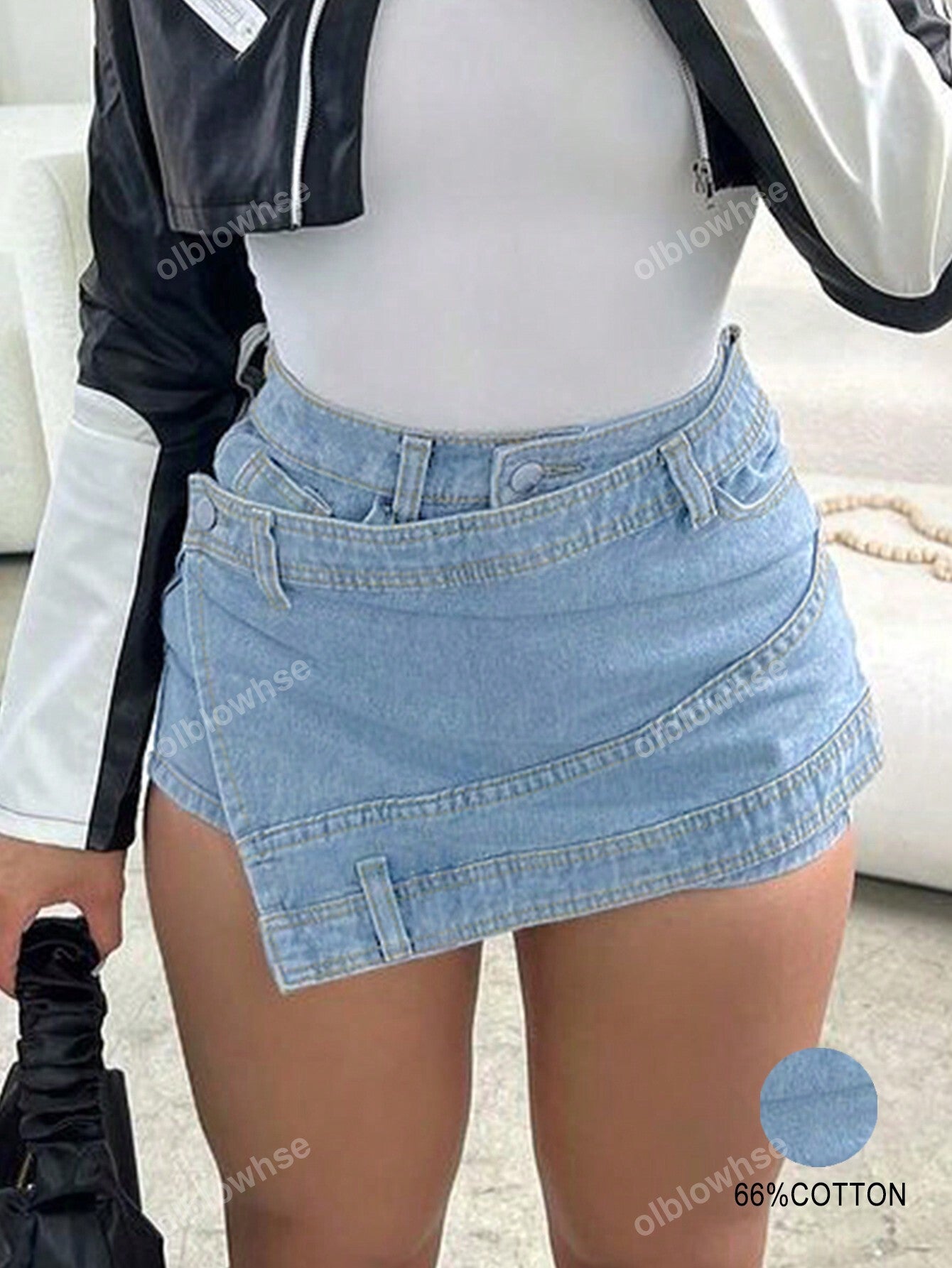 Rave Y2K Street Vintage Stretch Overlap Waist Wrap Solid Asymmetrical Hem A-Line Skinny Mini Denim Skorts