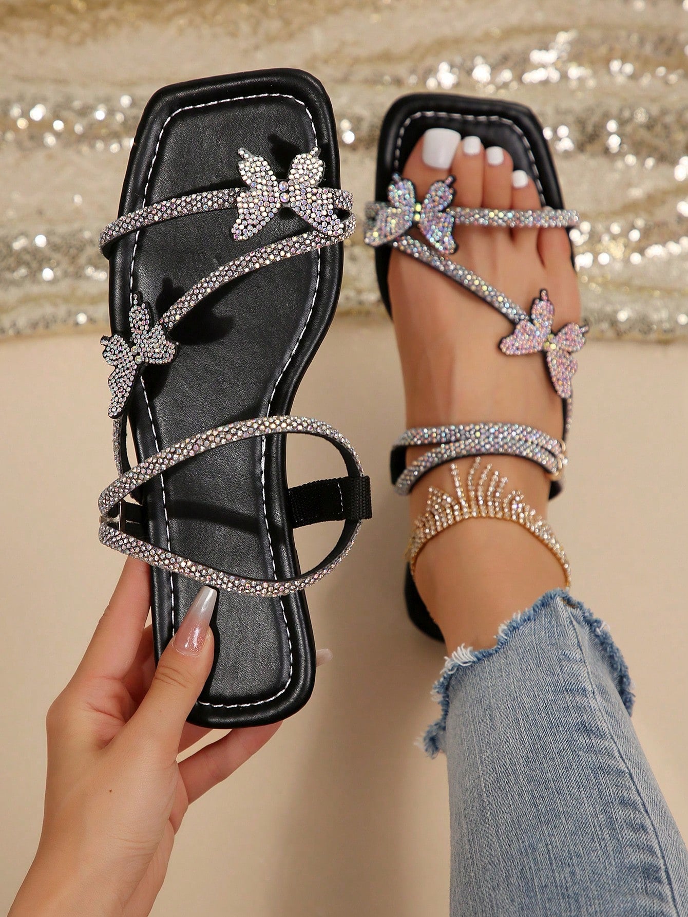 Multicolor Rhinestone Bow & Multiple Straps Two Way Wear Women's Slippers For Summer/Autumn/French Style/Chic Silver Color