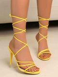 Solid Color Women's Yellow Heeled Sandals With Sexy Lace-Up Wraparound Rope Design, Stylish Thin High Heeled Sandals For Daily Wear, Shopping, And Dance Parties