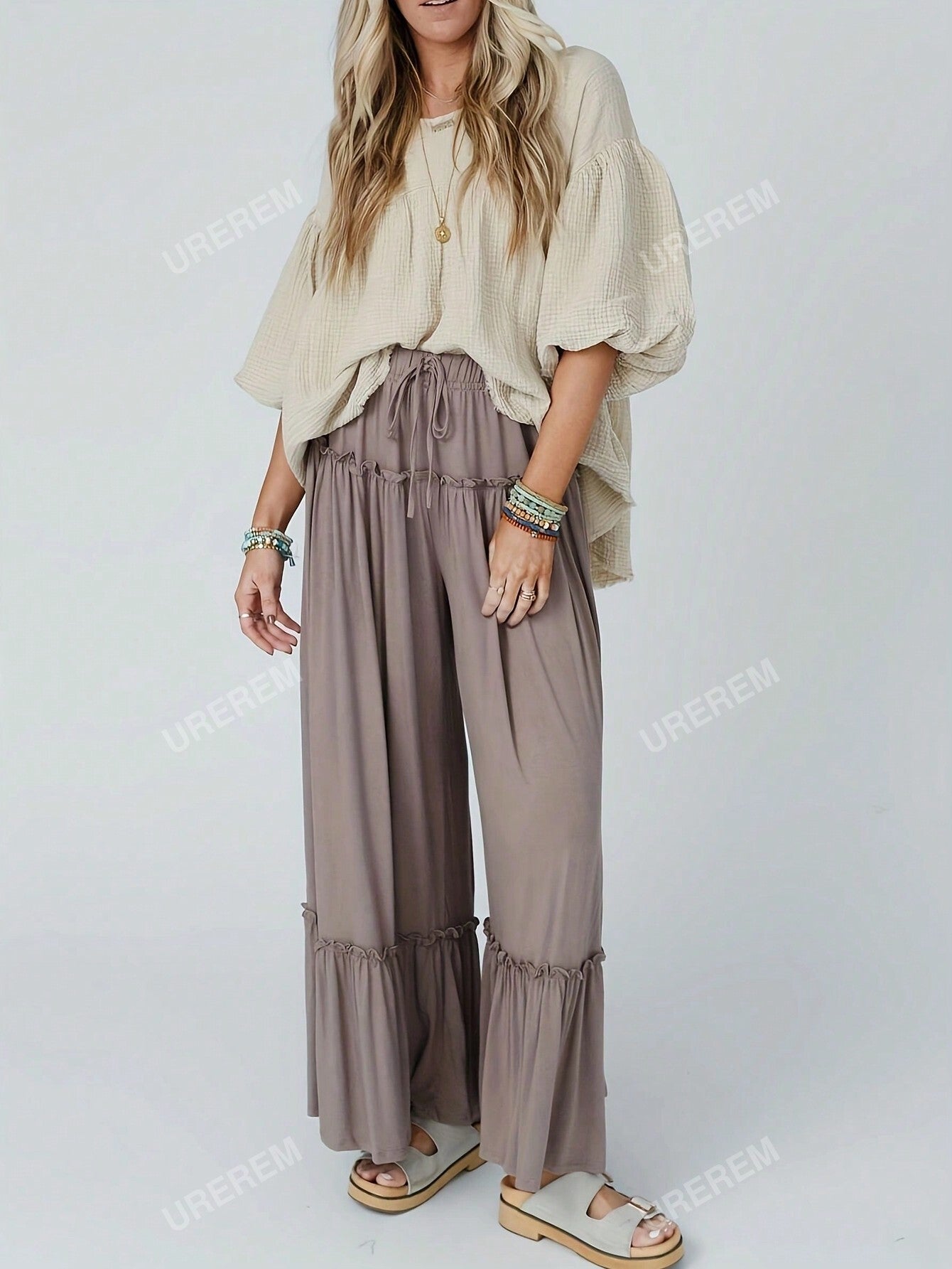 Women's High Waisted Wide Leg Pants With Stretch, Loose Fit Flared Trousers, Solid Color Casual Yoga Jogging Pants With Ruffle Hem