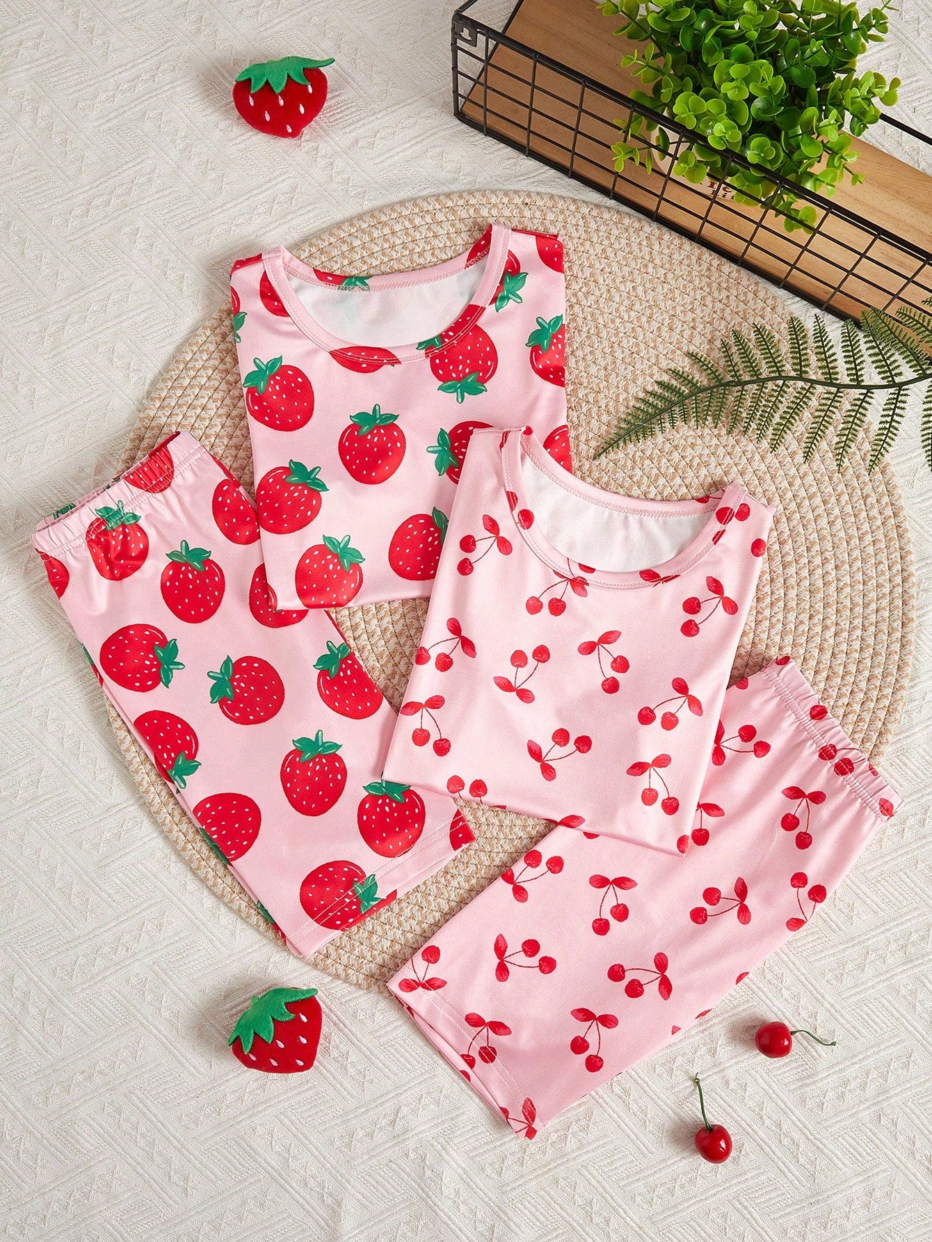 2pcs Tween Girl Cherry & Strawberry Print Pajama Set, Round Neck Short Sleeve Top And Shorts