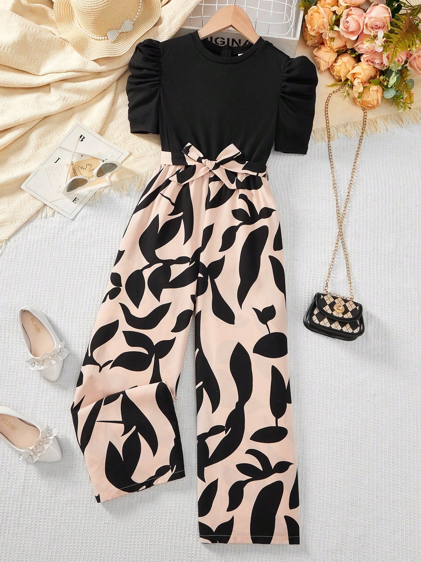 Tween Girl Elegant Monochrome Printed Splice Short Sleeve Wide Leg Jumpsuit