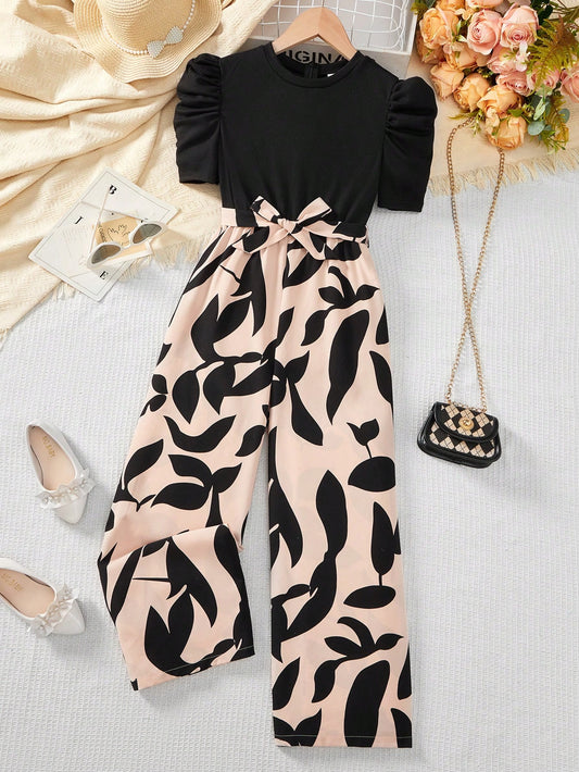 Tween Girl Elegant Monochrome Printed Splice Short Sleeve Wide Leg Jumpsuit