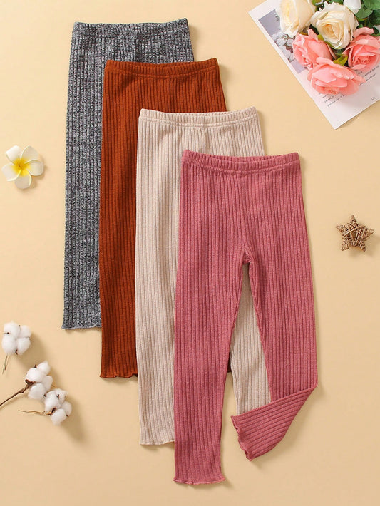 4pcs Girls' Casual Solid Knitted Ribs Slim Fit Pants Set, All-Match Bottoms