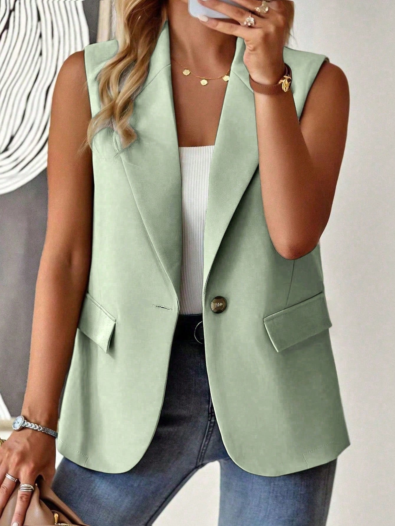 Frenchy Plus Size French Style Women's Lapel Collar Sleeveless Suit Vest