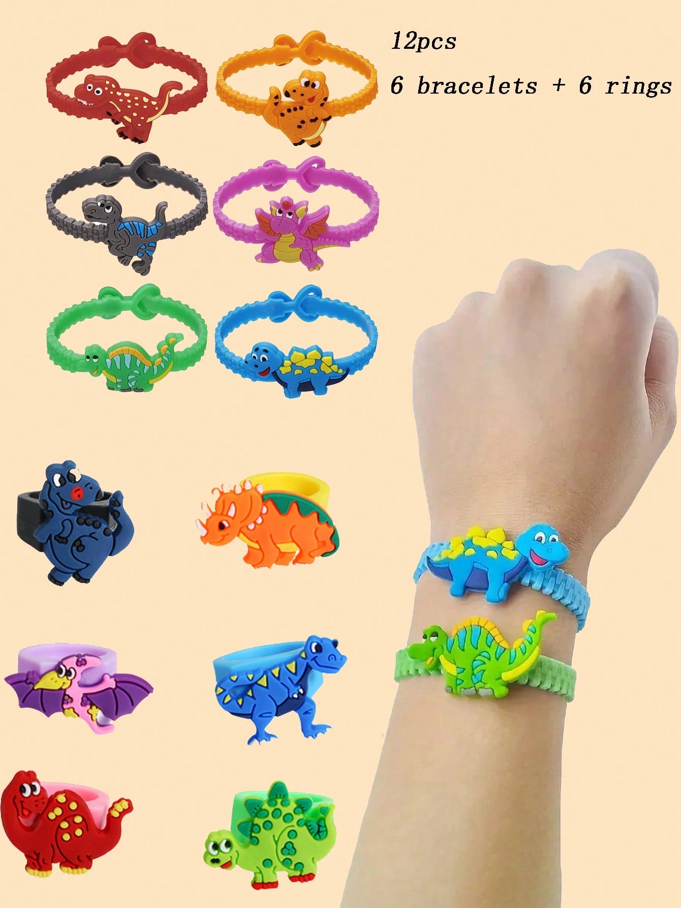 12pcs Children Dinosaur Bracelets And Ring Cute Cartoon Adjustable Bracelets Suitable For Party Decoration -Gift