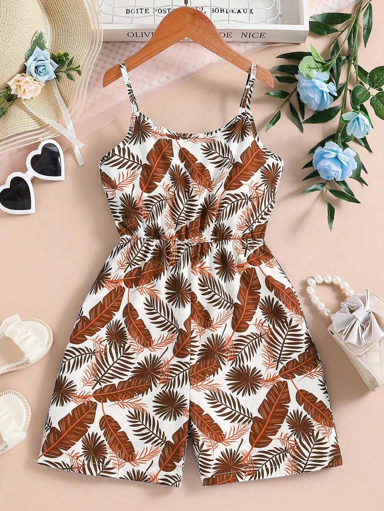 Tween Girl Allover Print Romper Jumpsuit With Spaghetti Straps, Summer Bohemian Style, Casual And Comfortable, Elegant And Fashionable Wear