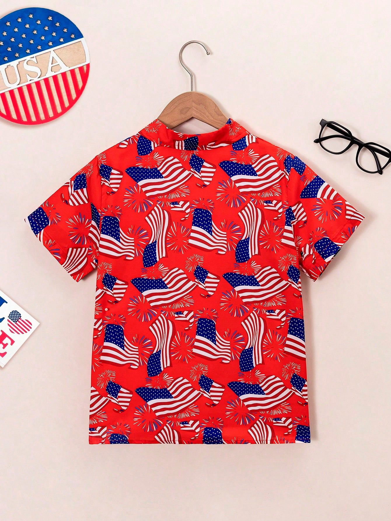 Young Boys' Casual Holiday American Flag Print Short Sleeve Shirt, Suitable For Festivals, Parties, Travel And Other Activities