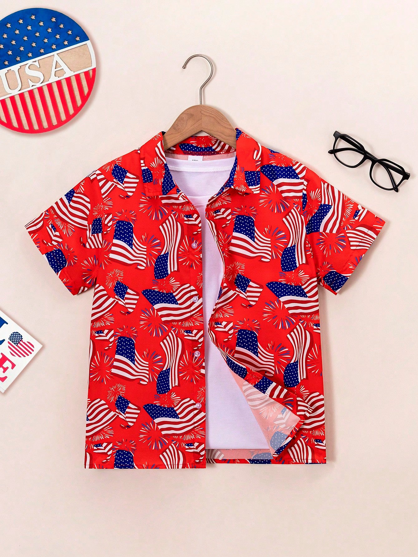 Young Boys' Casual Holiday American Flag Print Short Sleeve Shirt, Suitable For Festivals, Parties, Travel And Other Activities