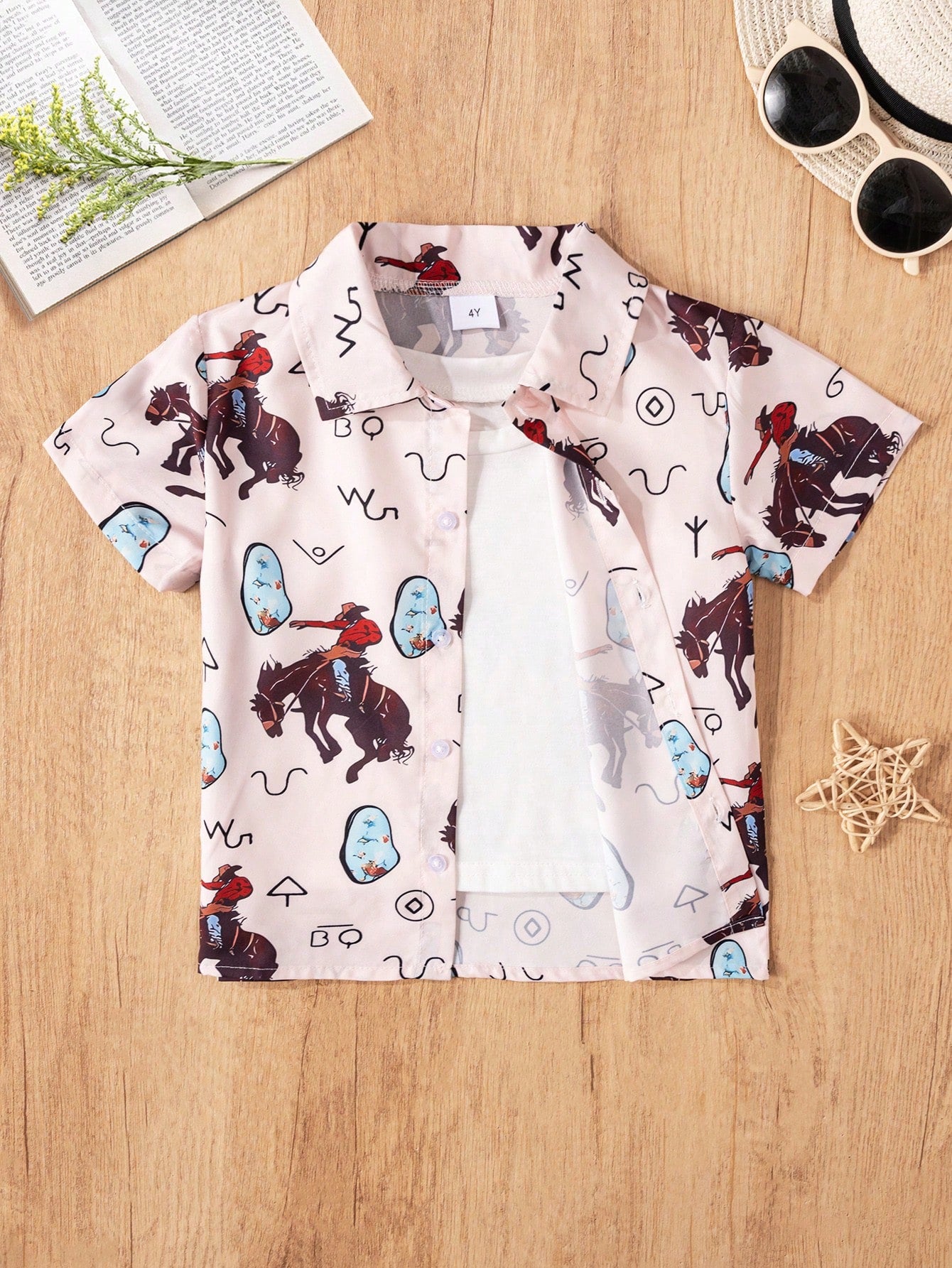 Young Boy Casual Western Style Bull Head Printed Short Sleeve Shirt, Ideal For Vacation, Party And Traveling