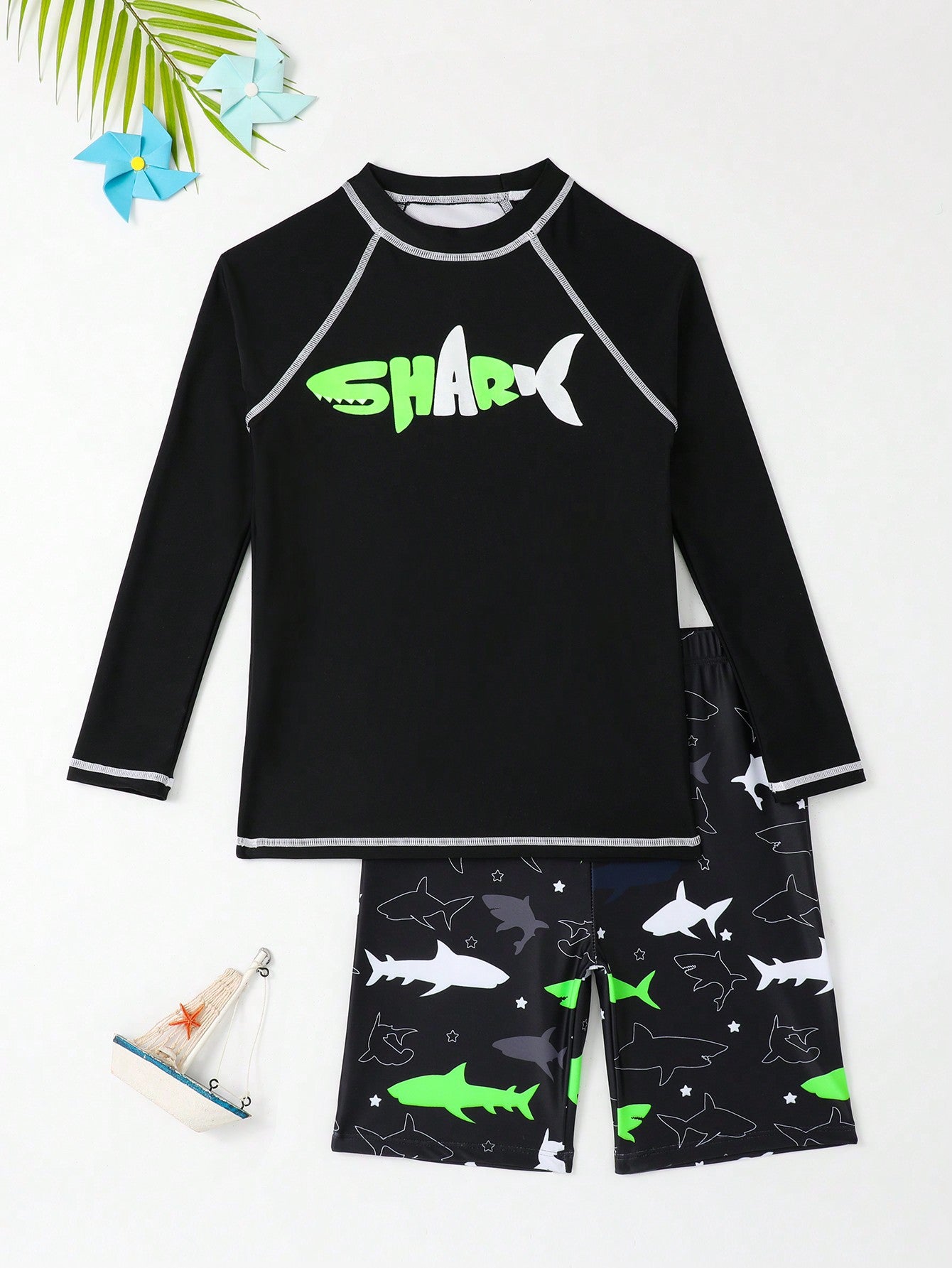 Tween Boys' Ocean Shark Printed Top And Shorts Swimsuit Set