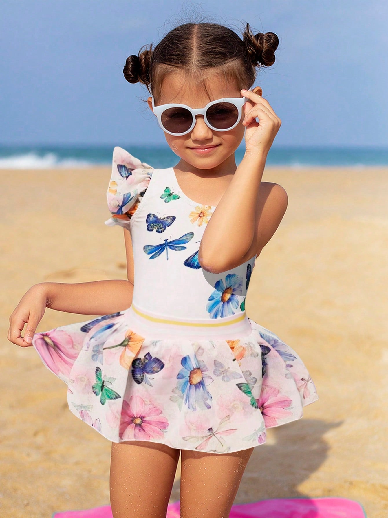 Young Girl Butterfly Printed Jumpsuit Mesh Skirt Set