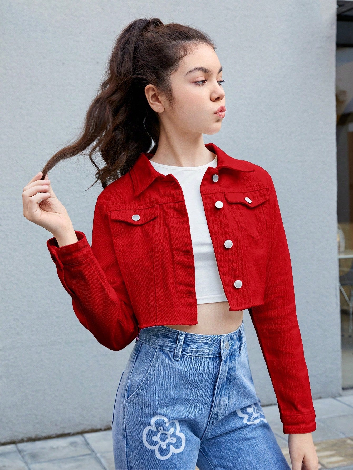 Teen Girls Flap Pocket Crop Denim Jacket