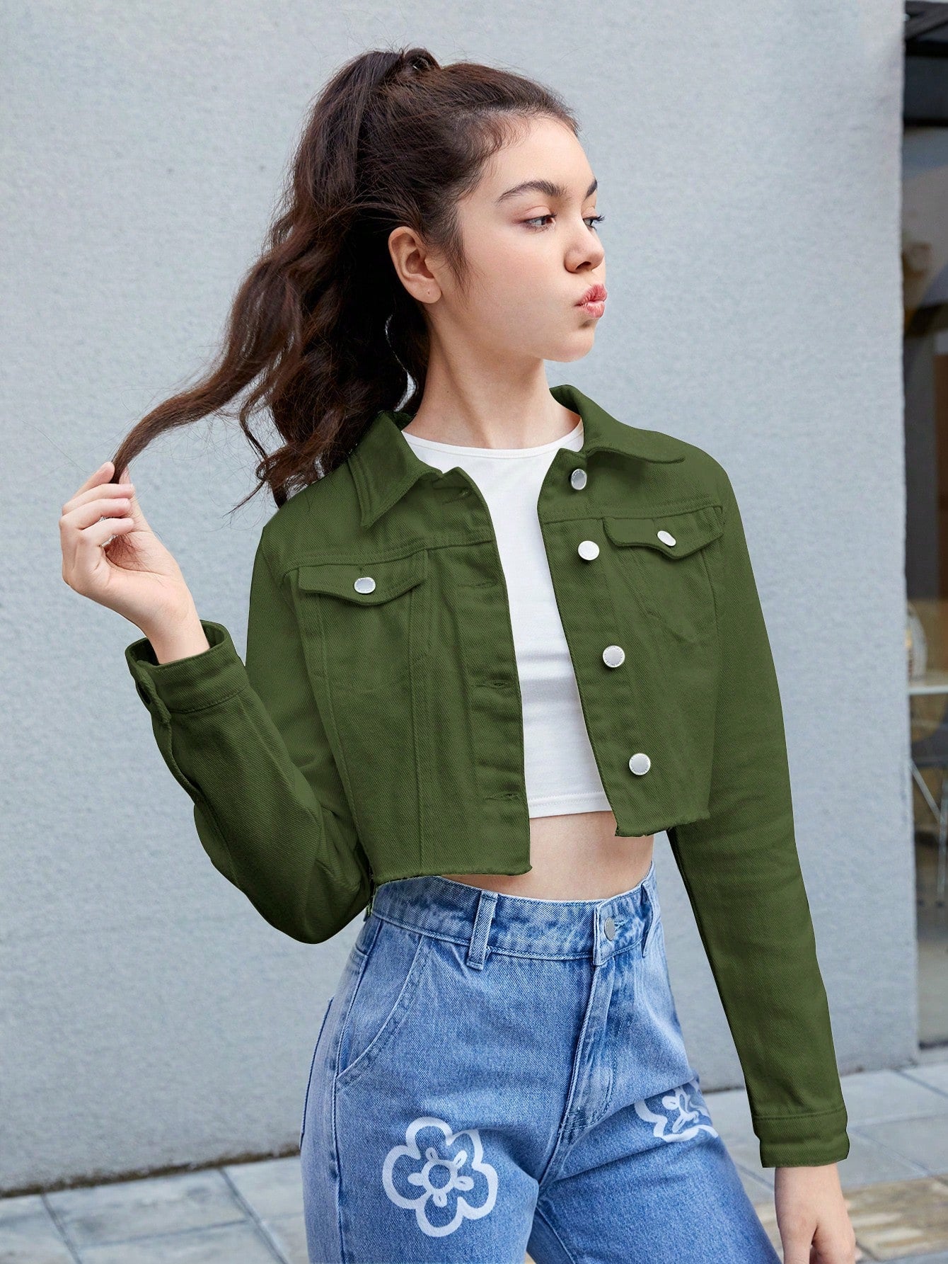 Teen Girls Flap Pocket Raw Edge Crop Denim Jacket