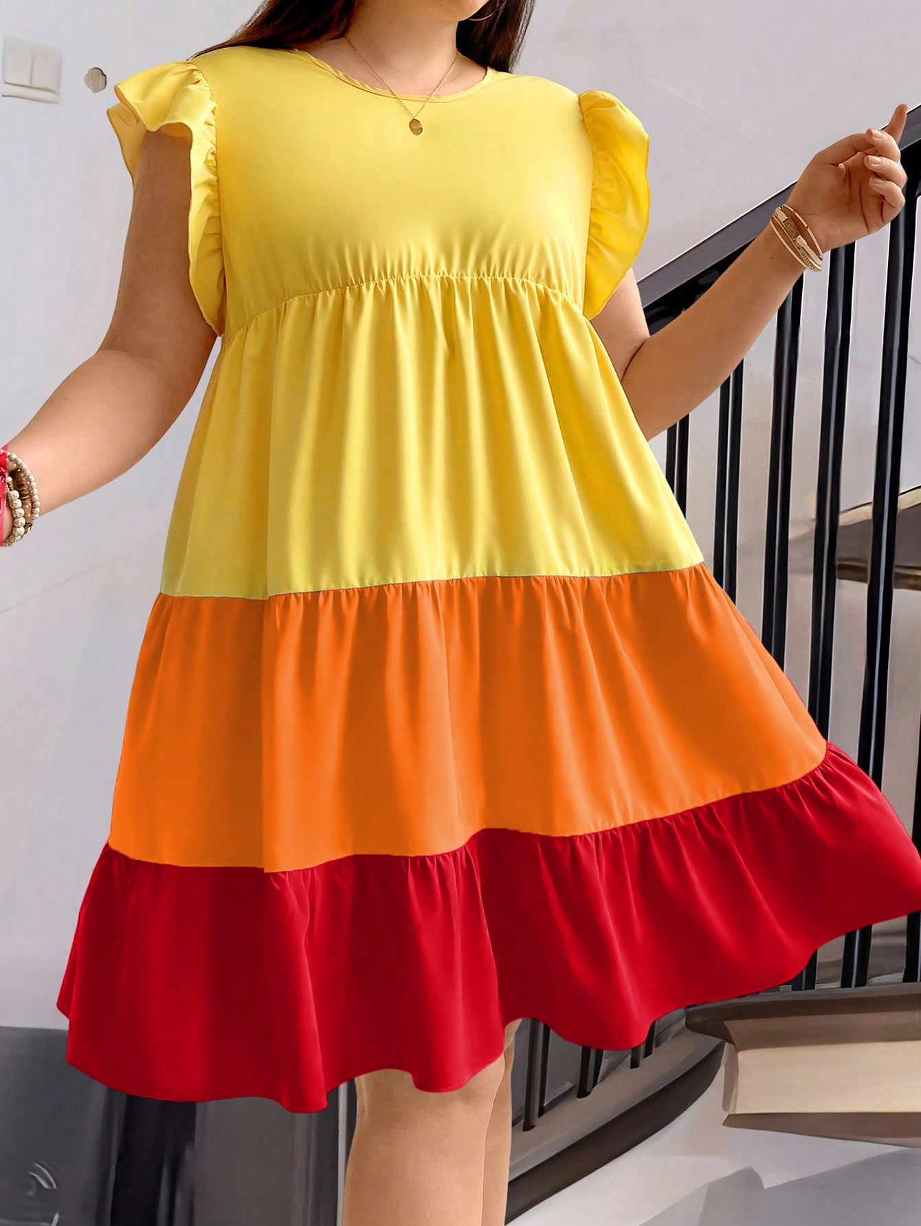 Plus Size Women's Fashionable Three Colors Patchwork Short Flutter Sleeve Dress